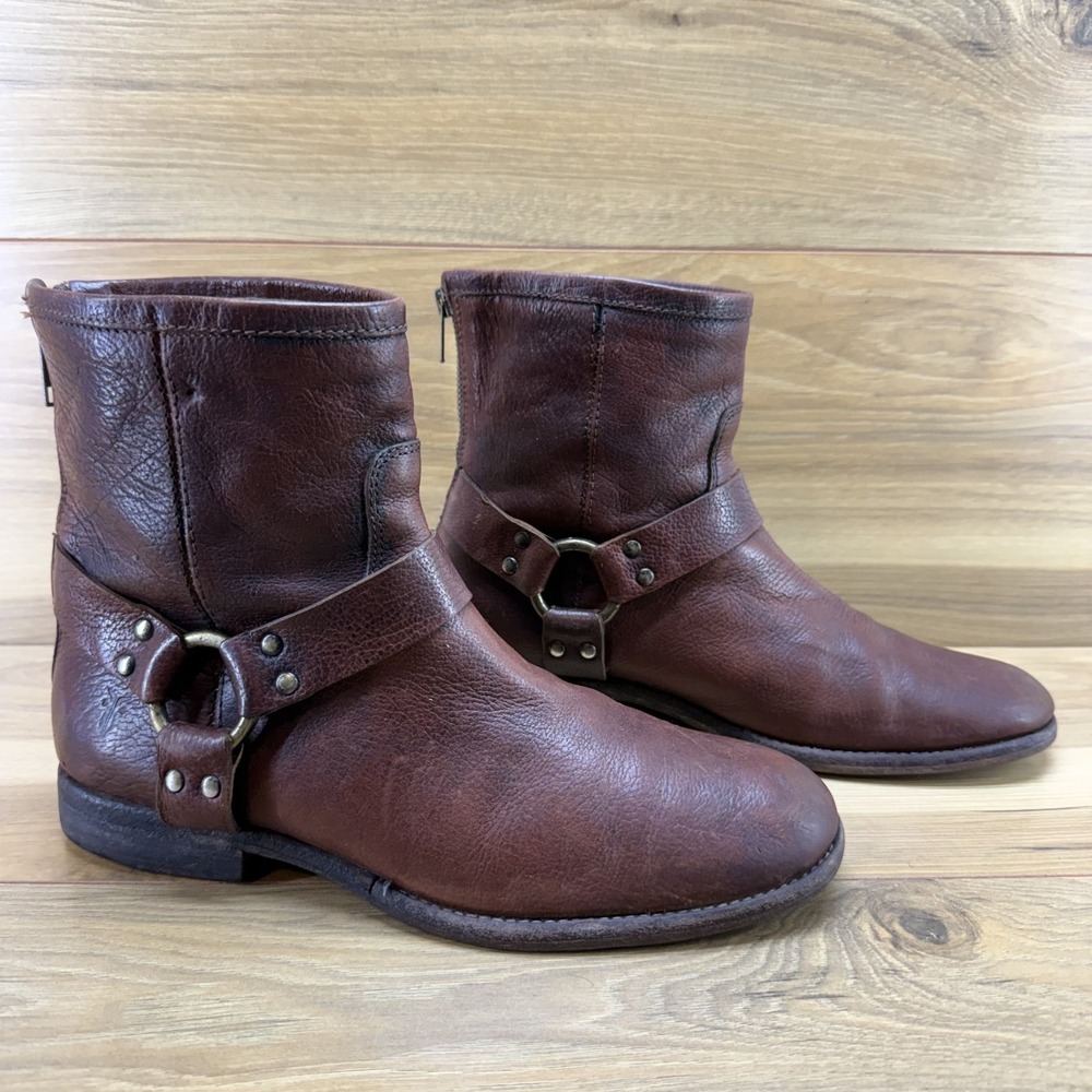 FRYE Phillip Harness Short Boot Womens 9 B Brown Leather Back Zip Riding Biker